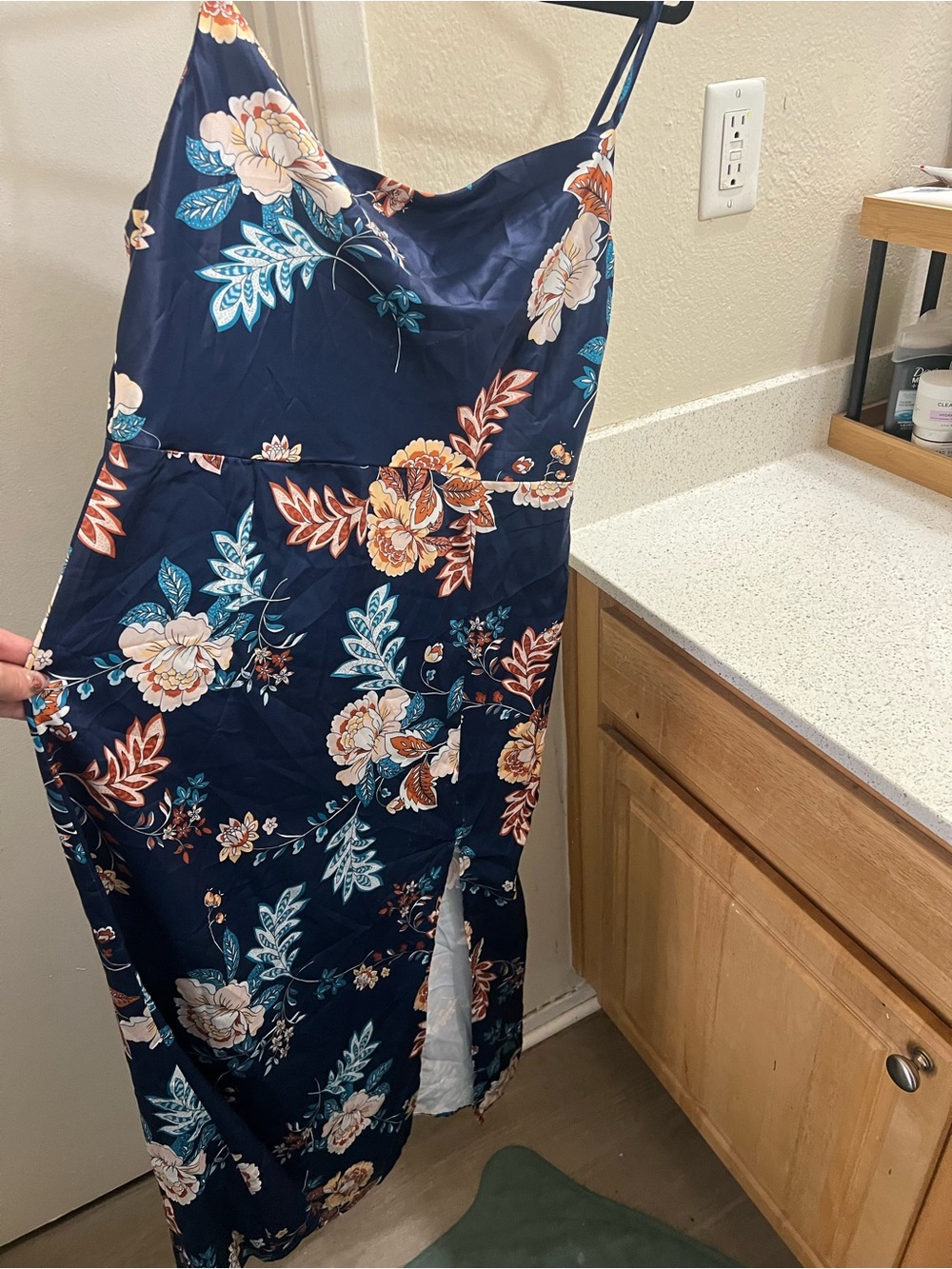 Navy Floral Slip Dress with Spaghetti Straps - Picture 2 of 4